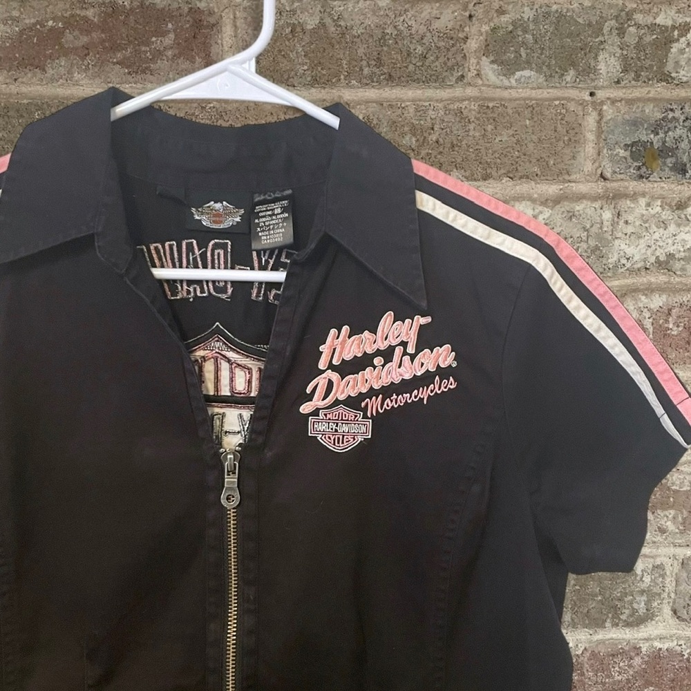 Harley Davidson Black Shirt with Pink & White Shoulder Stripes